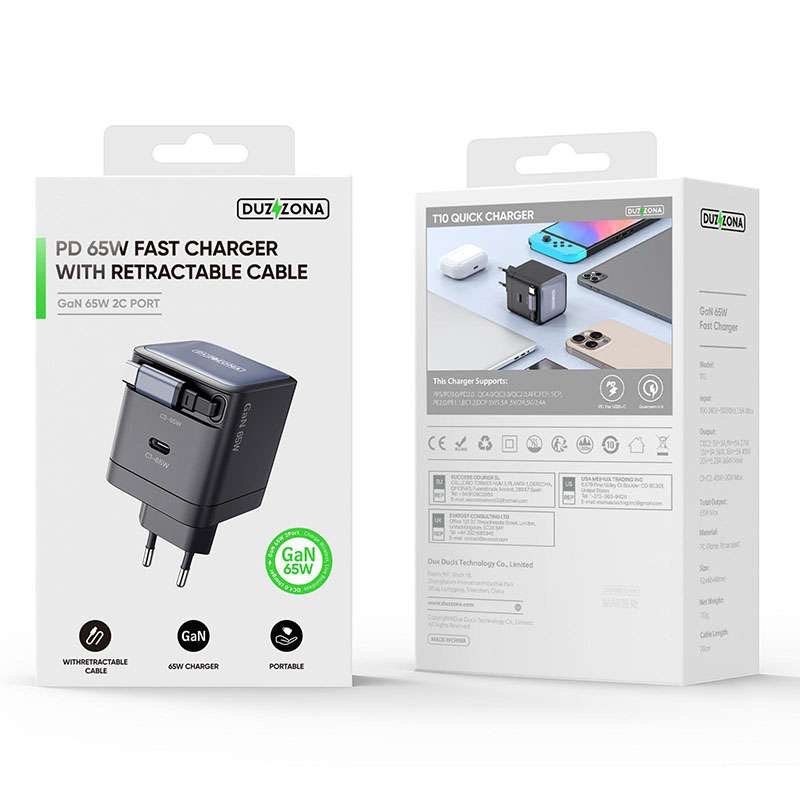 Duzzona PD 65W Gan Fast Charger with Dual Port and Telescopic Built-in Type C Cable - Black