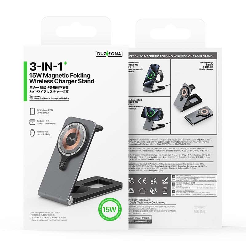 Duzzona Foldable 3in1 15W Magnetic Wireless Charger Stand