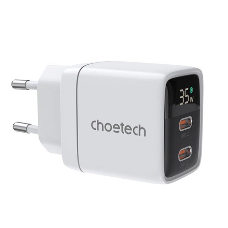 Choetech 35W Gan Wall Charger 2x USB-C PD with Display – white - PD6051