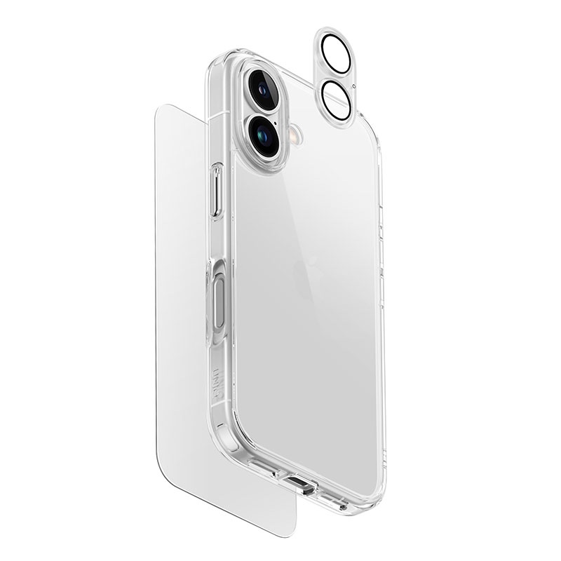 Uniq Clearvue 3in1 Bundle Pack for iPhone 16 - Screen Protector, Camera Lens, Phone Case - Clear