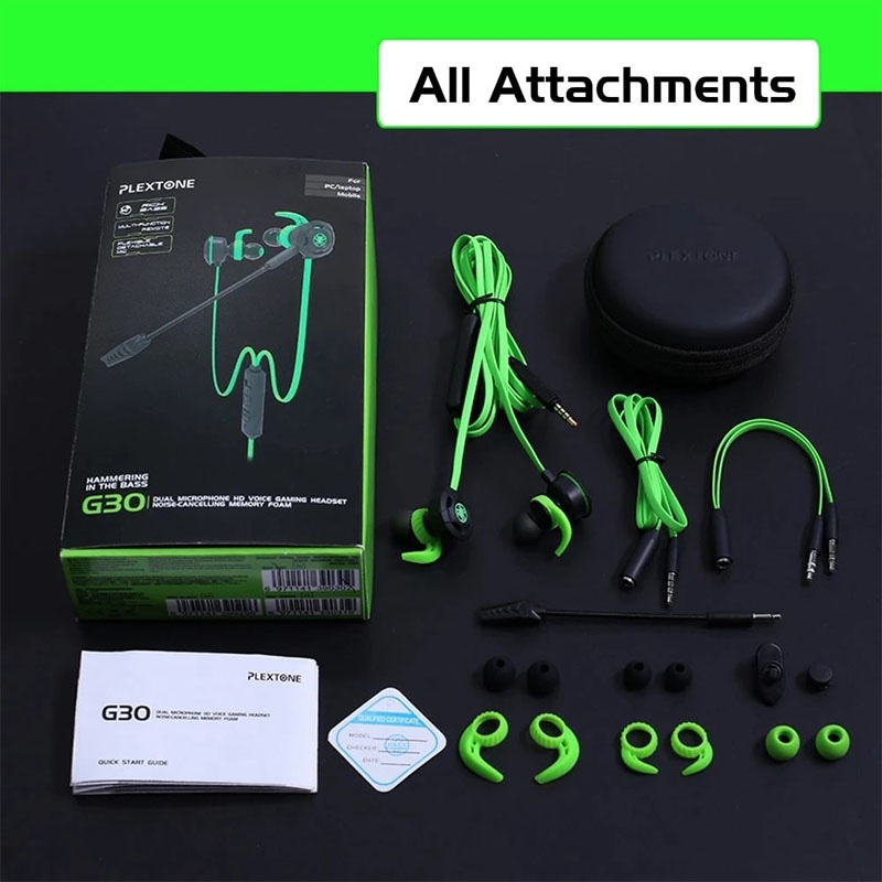 Plextone G30 in-Ear Wired Gaming Earphones, Noise Cancelling Headset with Mic, Stereo Bass, 3.5 mm Jack, Supports All Devices - Green