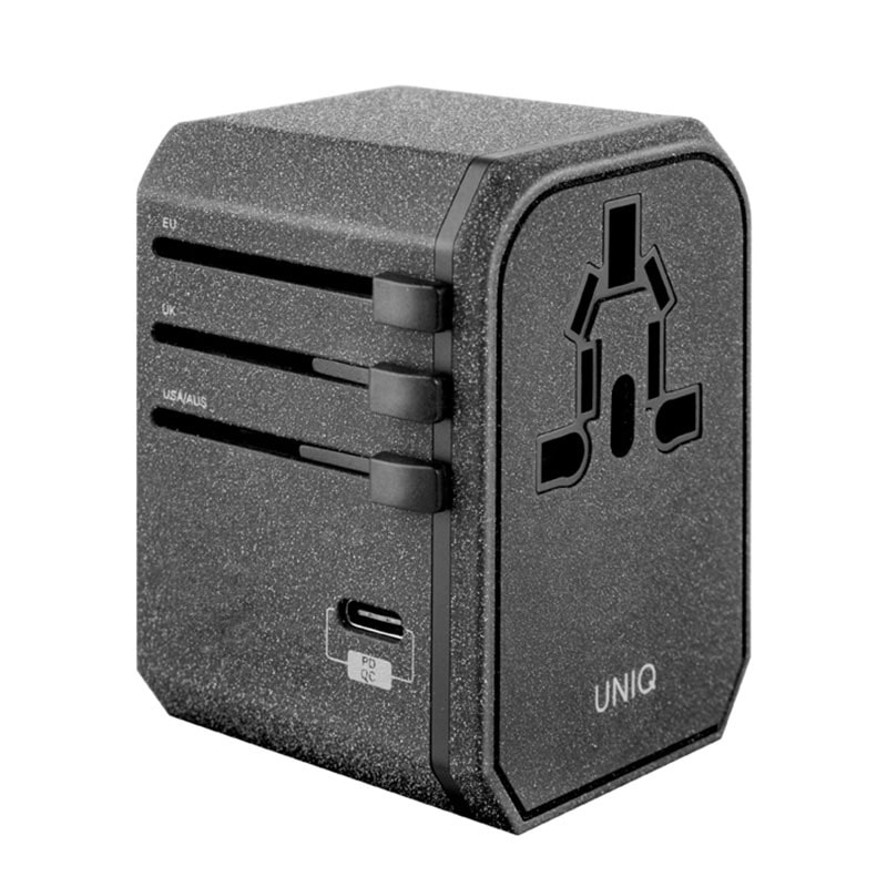 UNIQ VOYAGE USB-A & C World Travel Charging Adapter Power Delivery 18W - Charcoal (Grey)