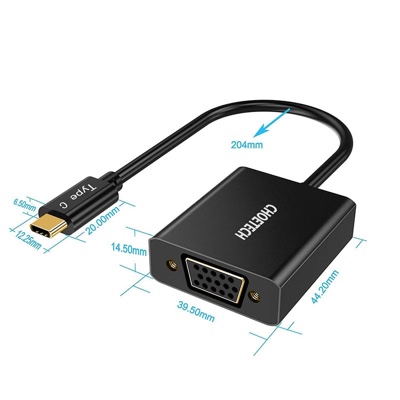 Choetech 1080p Supported USB 3.1 USB Type-C To VGA Adapter (Thunderbolt 3 Port Compatible) For MacBook, Chromebook Pixel And all Type-C Devices - Black - V01