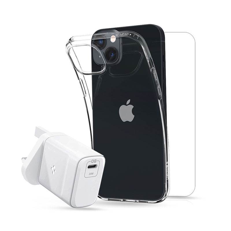 Spigen Bundle Pack for iPhone 14 Plus 6.7 inch (Crystal Flex Case + Glass.tR Screen Protector + PowerArc 20W Charger) - ASE05407