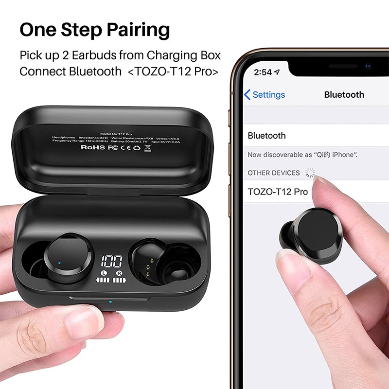 TOZO T12 Pro Wireless Bluetooth Earbud Qualcomm QCC3040 4 Mics CVC 8 Call Noise Cancelling, aptX Stereo,2500mAh Wireless Charging Case IPX8 Waterproof - Black