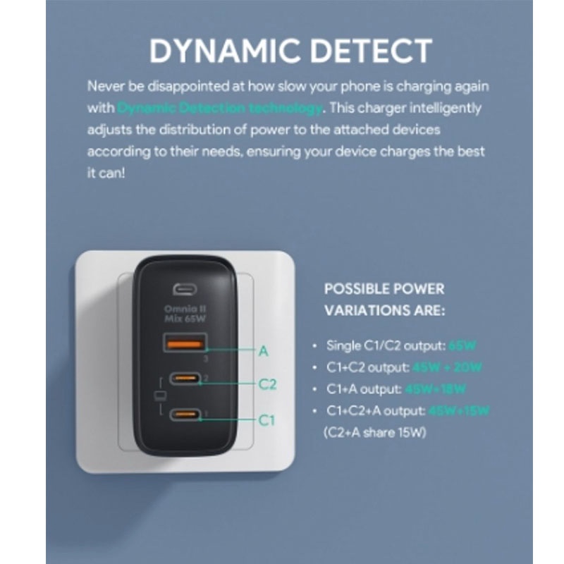 AUKEY Omnia II Mix 65W 3-Port PD Wall Charger with GaN Power Tech - PA-B6T - Black
