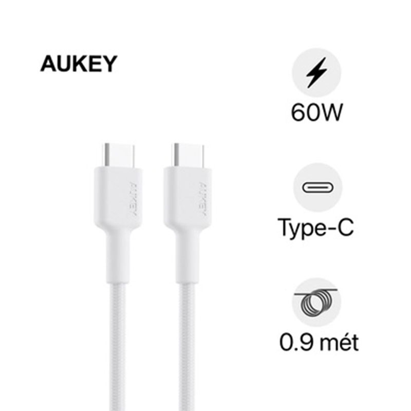 Aukey Impluse Braided CC Nylon Braided USB C To C Cable, 0.9m - White - (CB-CD45)