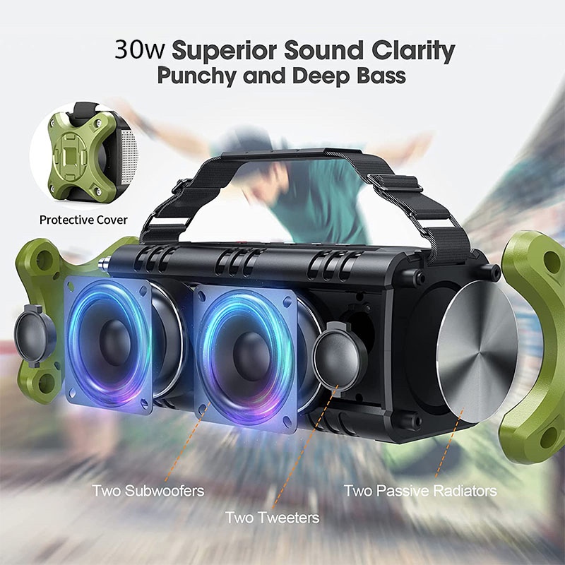 W-KING D8 Mini 30W Portable Speaker IPX6 Waterproof Outdoor Speaker with Super Punchy Bass, 24H Playtime, EQ, AUX, TF Card, USB Playback for Home, Party, Outdoor - Green