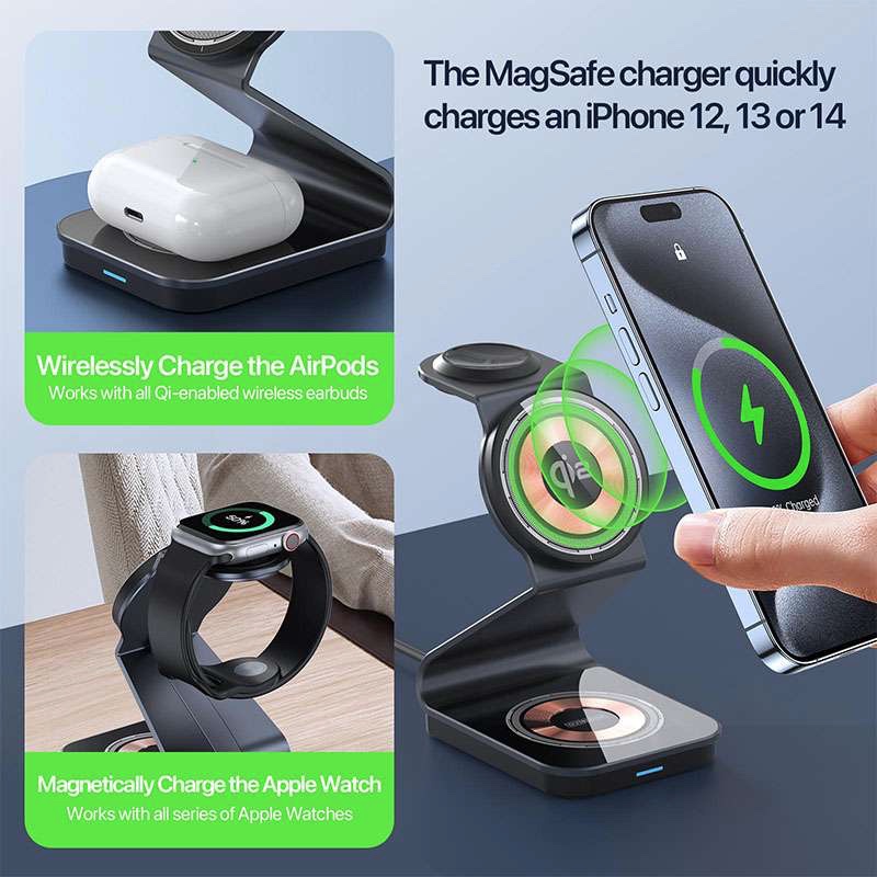 Duzzano W21 QI2 3 in 1 Transparent 15W Magnetic Magsafe Compatible Wireless Charger Stand for Phones, Airpods &  Apple Watch