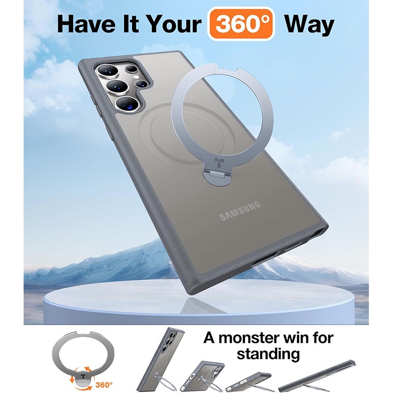 Torras UPRO Ostand Spin Series Magsafe Compatible Phone Case for Samsung Galaxy S24 Ultra – Grey