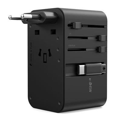 Choetech GaN 45W PD Unviersal Travel Adapter with Retractable USB-C - Black