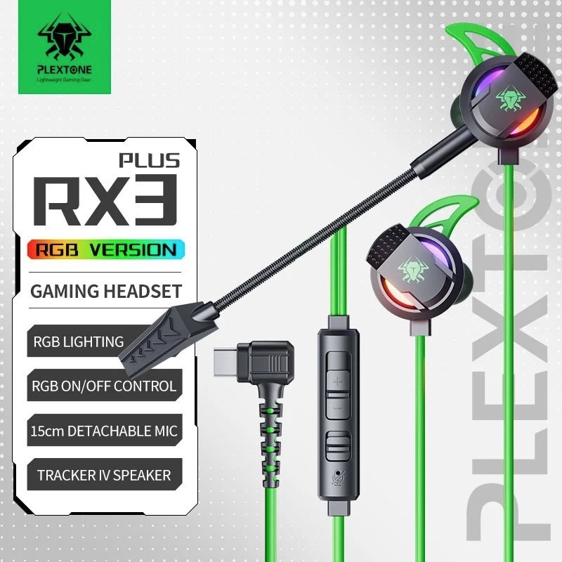 Plextone RX3 PLUS Type-C Interface In-ear Wired Game Earphones Pluggable Mic RGB Light Effect - Green