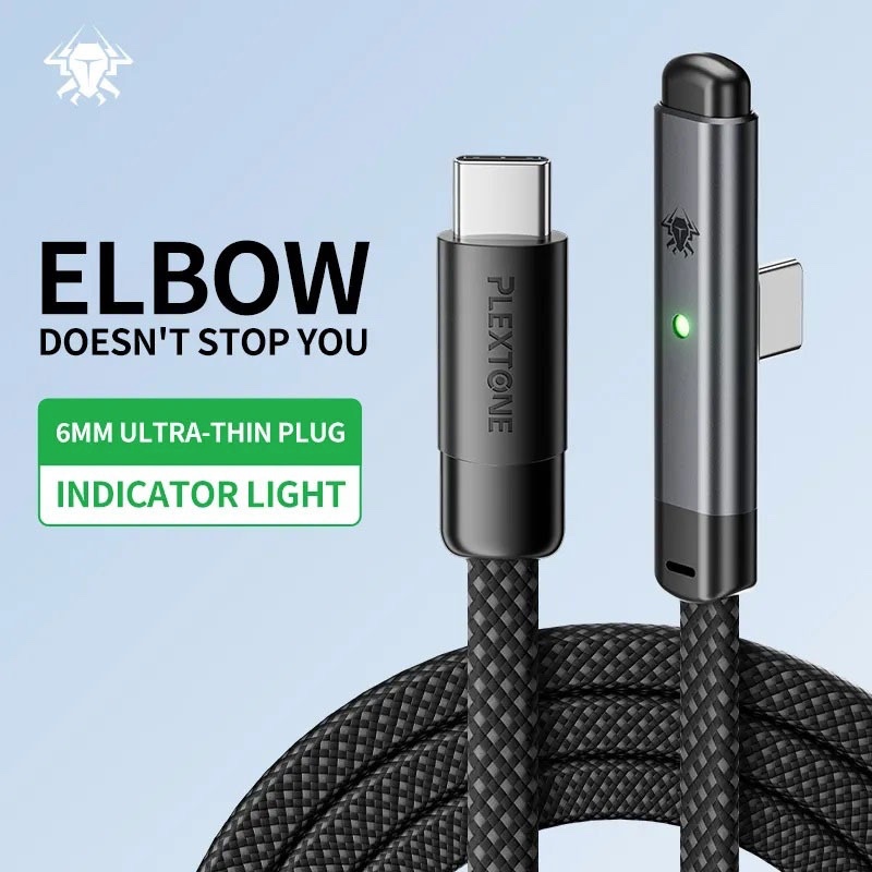 Plextone C2C T100 Type C To Type C 66W Elbow Gaming Smart LED Charge Cable
