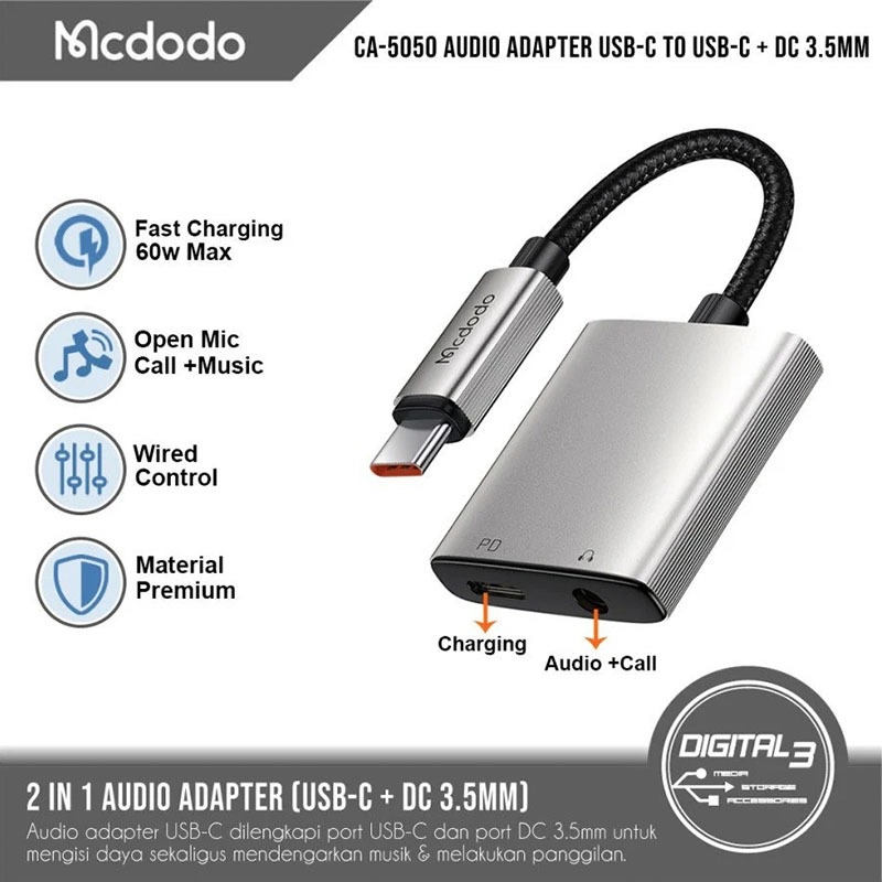 Mcdodo Type C to 60W C Charging & 3.5mm Aux Audio Adapter Splitter with DAC Support - CA-5050