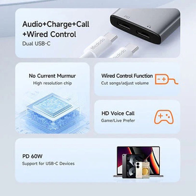 Mcdodo 2in1 Dual USB-C to C PD 60W & Type C Audio Adapter - CA-5570