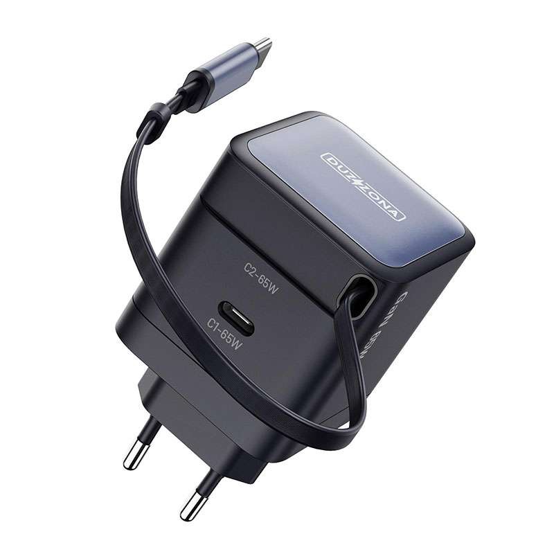Duzzona PD 65W Gan Fast Charger with Dual Port and Telescopic Built-in Type C Cable - Black