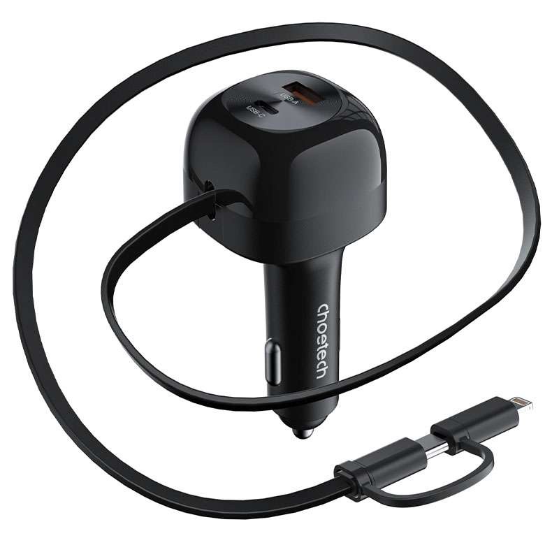 Choetech 75W Car Charger with Retractable 2in1 USB-C + Lightning Cable - TC0036