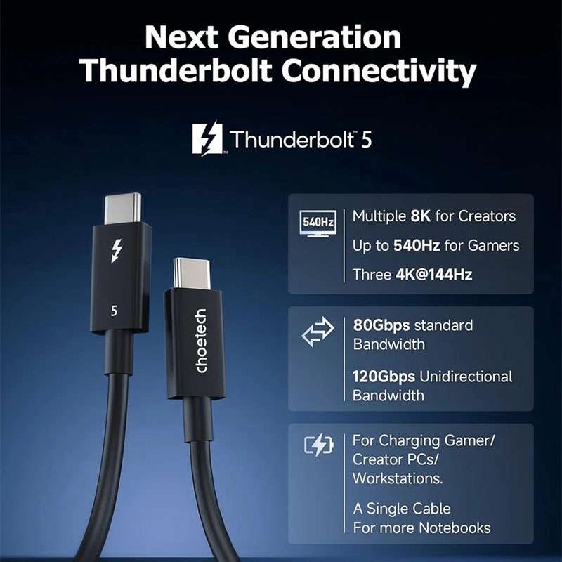 Choetech 240W Thunderbolt 5 Type-C to Type-C High Speed 8K Cable - Black