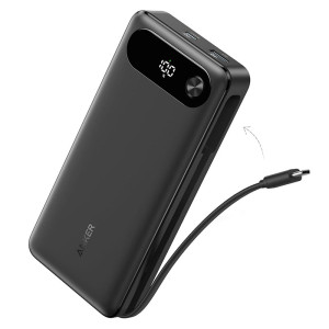 Anker 20,000 mAh Power Bank Travel Essential Portable Charger with Built-in USB-C Cable, 3-Port 87W Max Fast Charging Battery Pack, for MacBook & Phones - Black