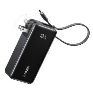 Anker Nano 30W Fast Charging 3-in-1 Power Bank 10000mAh with Built-in USB-C Cable & Foldable AC Plug for Multi-Device Charging - Black