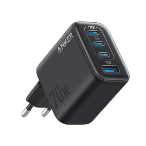 Anker Zolo Charger (70W, 4 Ports), 3 Usb-C + 1 Usb A Ports, PowerIQ 3.0, ActiveShield Protection, Multi-Device Charging, Foldable Plug, 2-Pin (US) - Black