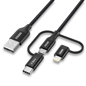 Choetech Multi USB Cable, 3 In 1 Braided Cable With Lightning / Type C / Micro USB Connector 1.2m [MFi Certified] Charge & Sync Cable - Black -IP0030
