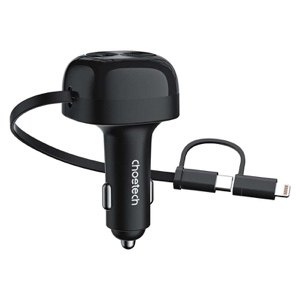 Choetech 75W Car Charger with Retractable 2in1 USB-C + Lightning Cable - TC0036