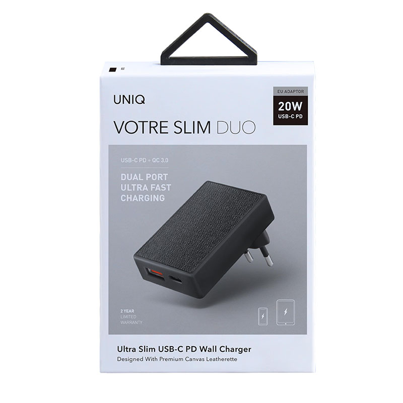 UNIQ VOTRE SLIM DUO USB C + USB A 20W Wall Charger (EU) - Charcoal (Black)