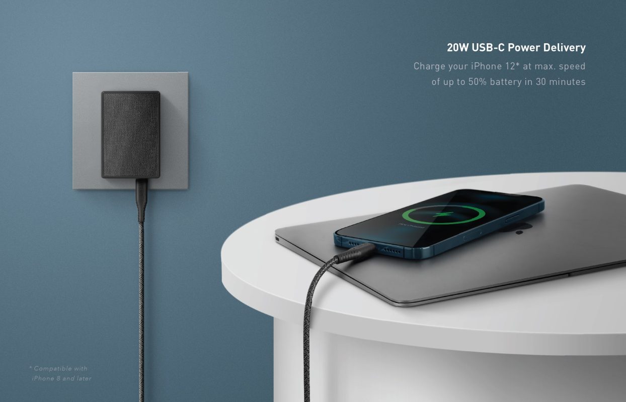 UNIQ VOTRE SLIM DUO USB C + USB A 20W Wall Charger (EU) - Charcoal (Black)