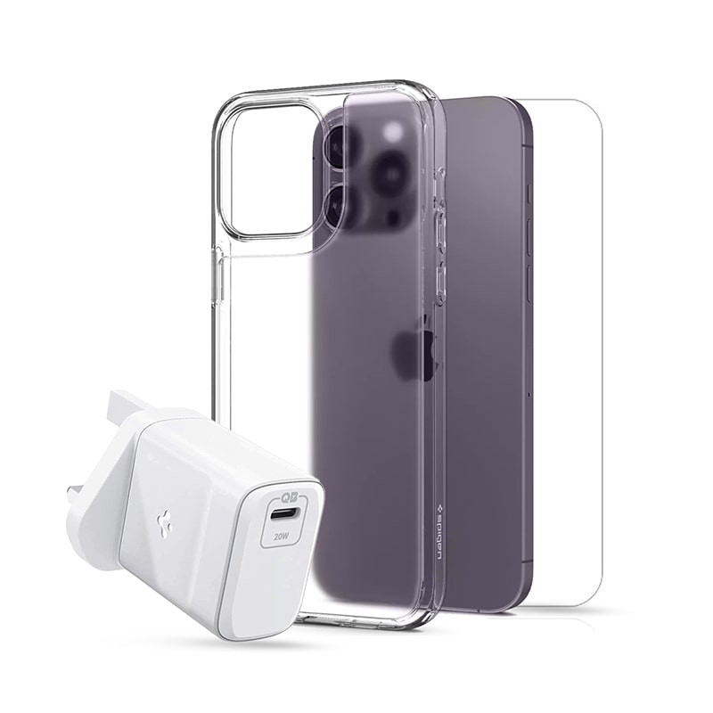 Buy Spigen Bundle Pack for iPhone 14 Pro Max 6.7 inch (Crystal Flex Case + Glass.tR Screen Protector + PowerArc 20W Charger)