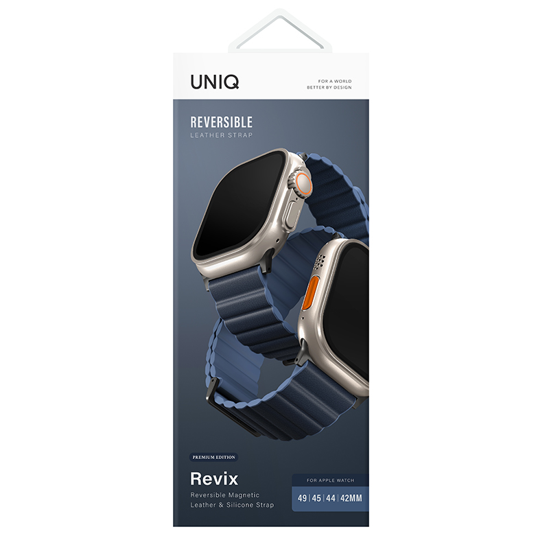 UNIQ Revix Premium Edition Reversible Magnetic Apple Watch Strap for Series 1-10, SE/SE2 & Watch Ultra/2 49/45/44/46MM &ndash; Prussian / Mist Blue