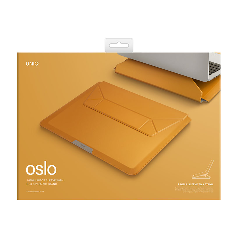 UNIQ OSLO Laptop Sleeve with Foldable Stand (Fits Up to 14" Devices) &ndash; Deep Mustard