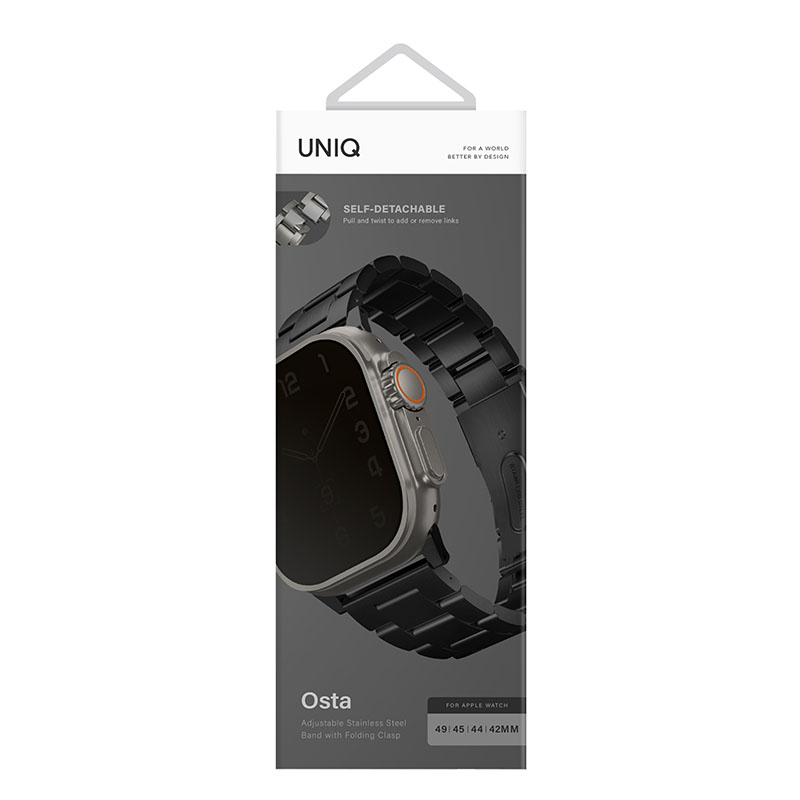 Uniq Osta Apple Watch Ultra Steel Link Strap with self-adjustable links fits up to 1-10, Ultra/2 & SE/2 49/45/44/46mm - Midnight Black