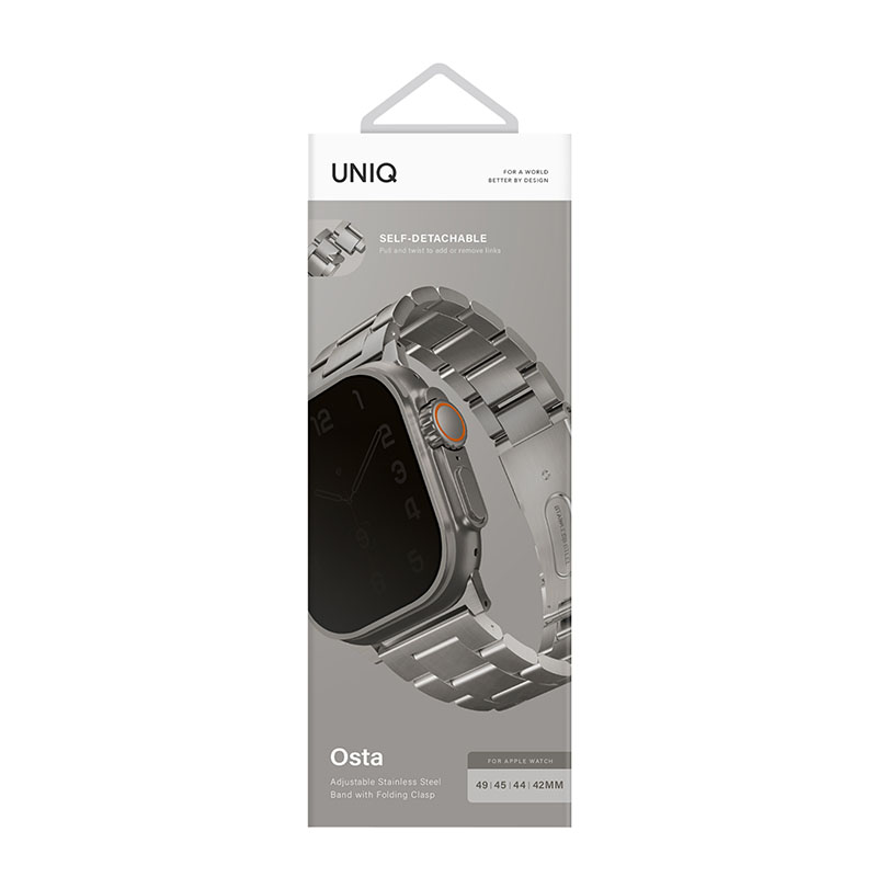Uniq Osta Apple Watch Ultra Steel Link Strap with self-adjustable links fits up to Series 1-10, Ultra/2 & SE/2 49/45/44/46mm - Titanium Silver