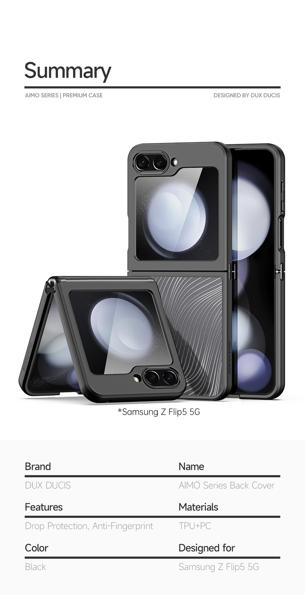 Aimo Series Phone Case for Samsung Galaxy Flip 5 - Transparent Black