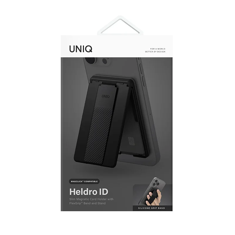Uniq Heldro ID Magnetic Card Holder with Flex Hand Grip & Stand for Phones - Midnight Black