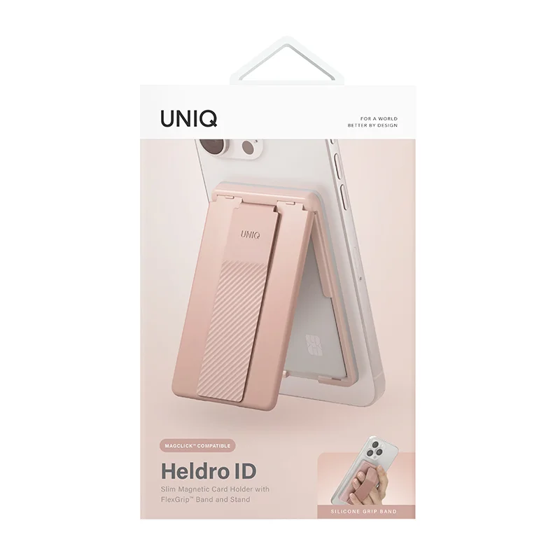 Uniq Heldro ID Magnetic Card Holder with Flex Hand Grip & Stand for Phones - Blush Pink