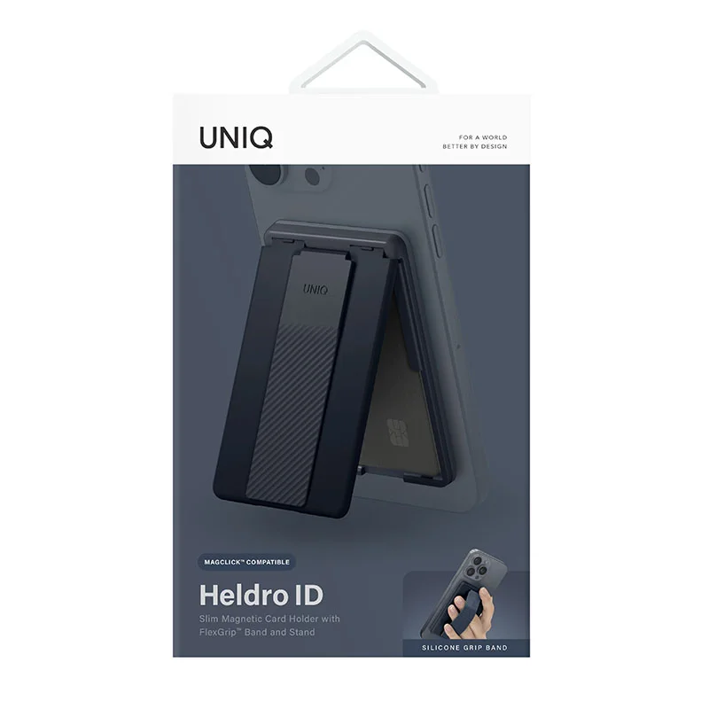 Uniq Heldro ID Magnetic Card Holder with Flex Hand Grip & Stand for Phones - Navy Blue