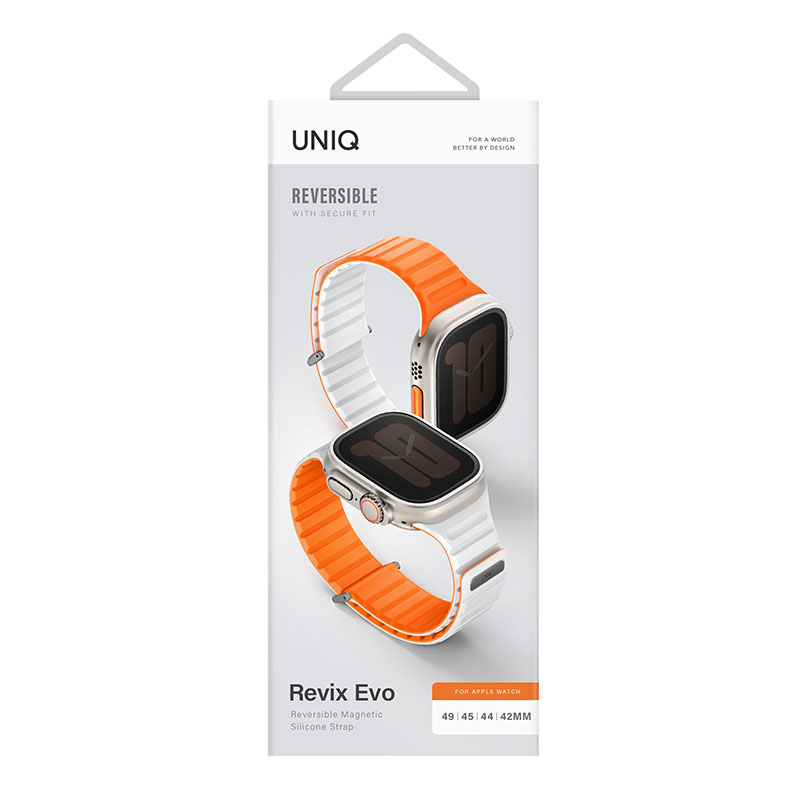 UNIQ Revix Evo Reversible Magnetic Apple Watch Strap for Series 1-10, SE/SE2 & Watch Ultra 49/45/44/46MM &ndash; Orange / White