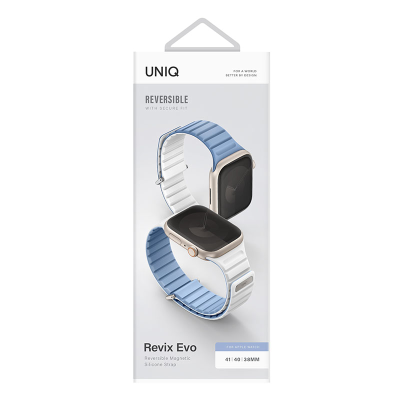 UNIQ Revix Evo Reversible Magnetic Apple Watch Strap for Series 1-10, SE/SE2 41/40/42MM &ndash; Powder Blue / White