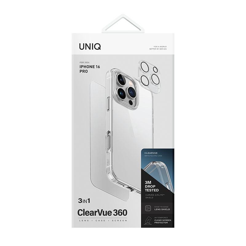 Uniq Clearvue 3in1 Bundle Pack for iPhone&nbsp;16 Pro - Screen Protector, Camera Lens, Phone&nbsp;Case&nbsp;-&nbsp;Clear