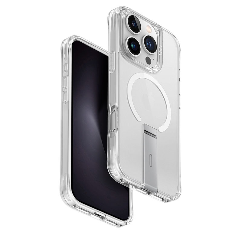 UNIQ Eleva Magclick Charging Compatible Phone Case with stand for iPhone 16 Pro &ndash; Clear