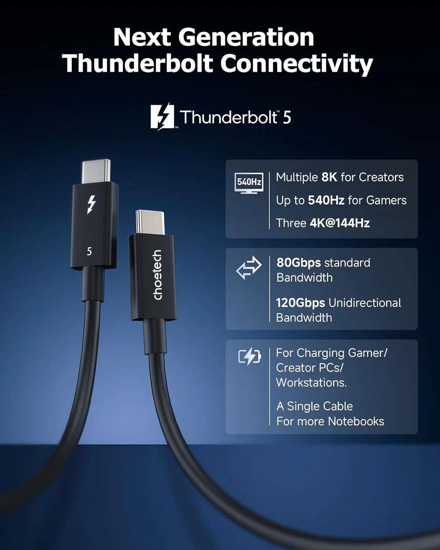 Choetech 240W Thunderbolt 5 Type-C to Type-C High Speed 8K Cable - 1m - Black