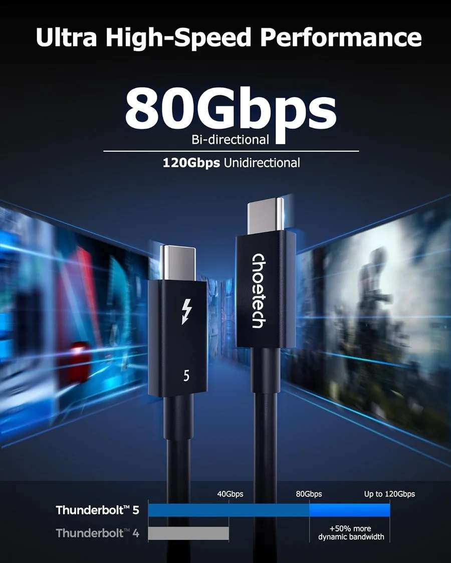 Choetech 240W Thunderbolt 5 Type-C to Type-C High Speed 8K Cable - 1m - Black