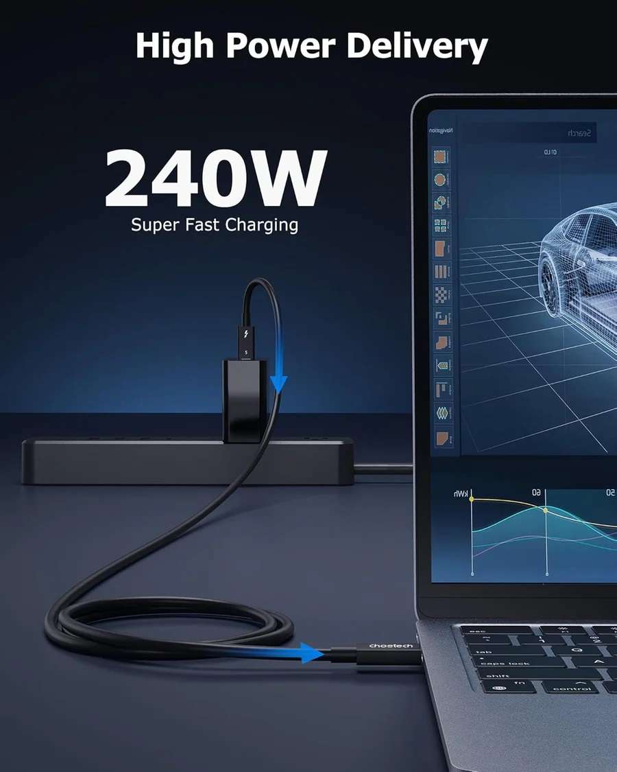 Choetech 240W Thunderbolt 5 Type-C to Type-C High Speed 8K Cable - 1m - Black