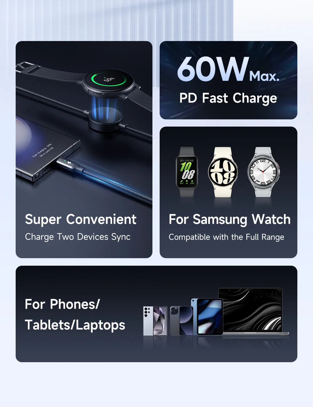 Mcdodo 60W 2in1 Type-C to Type-C Charging Cable with Wireless Charger for Samsung Watch - CA-4170 - Black