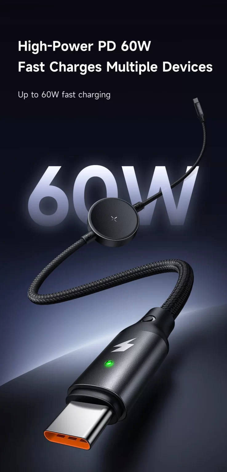Mcdodo 60W 2in1 Type-C to Type-C Charging Cable with Wireless Charger for Samsung Watch - CA-4170 - Black