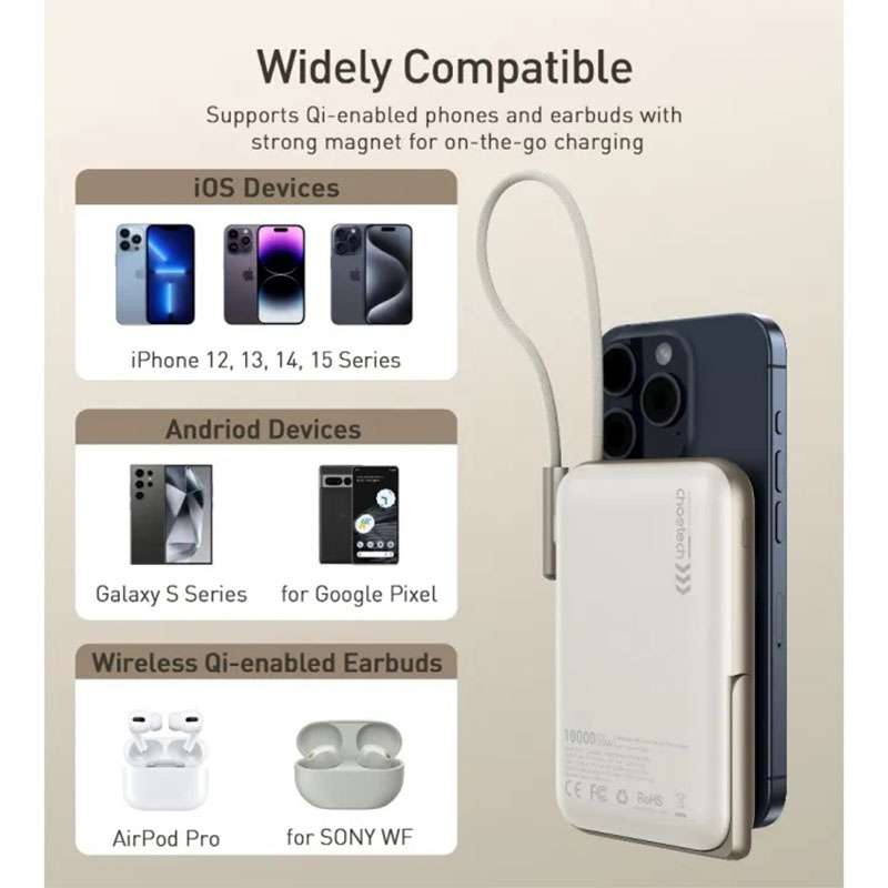 Choetech 10000mah 20W MagSafe Powerbank with USB-C Cable & Power Display - White